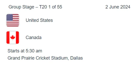usa vs canada icc t20 world cup 2024 match 1