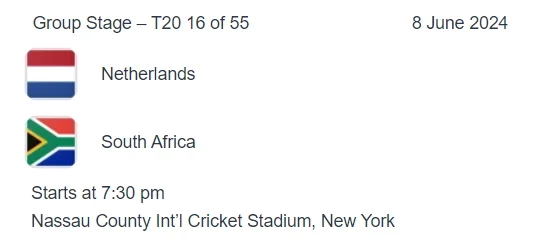 South Africa vs Netherlands icc t20 world cup 2024 match 16