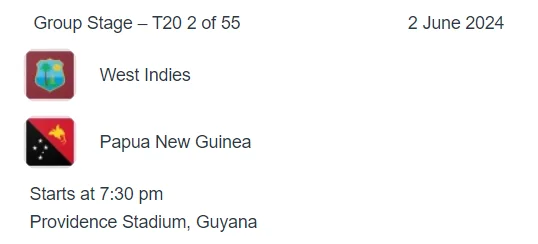 west indies vs papua new guinea icc t20 world cup 2024 match 2