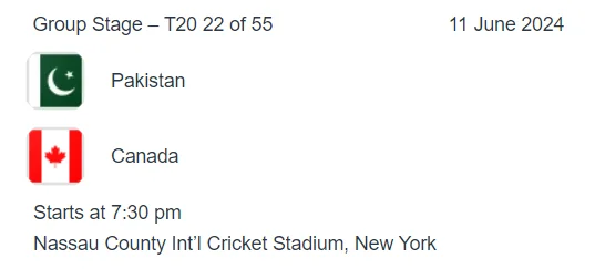 Pakistan vs Canada icc t20 world cup 2024 match 22