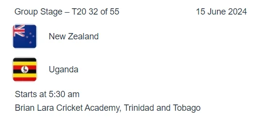New Zealand vs Uganda icc t20 world cup 2024 match 32