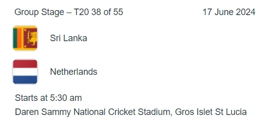 Sri Lanka vs Netherlands icc t20 world cup 2024 match 38