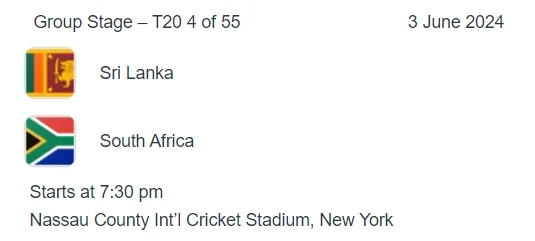 Sri Lanka vs South Africa icc t20 world cup 2024 match 4