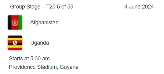 Afghanistan vs Uganda icc t20 world cup 2024 match 5