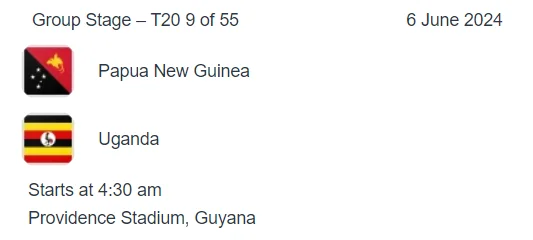 Papua New Guinea vs Uganda icc t20 world cup 2024 match 9